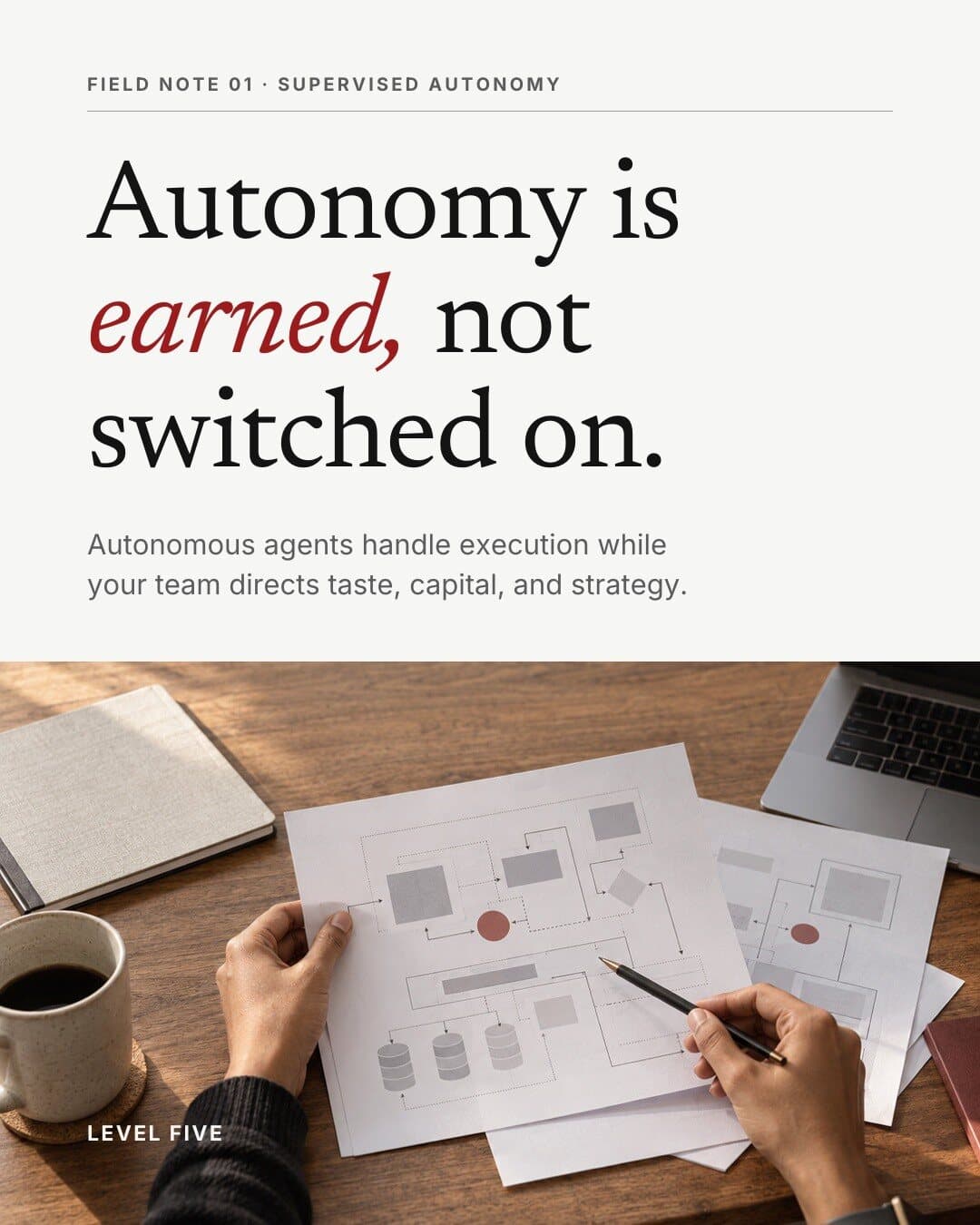 Level Five post: “Autonomy is earned, not switched on.” Hands sketching a system diagram on paper beside a coffee cup.