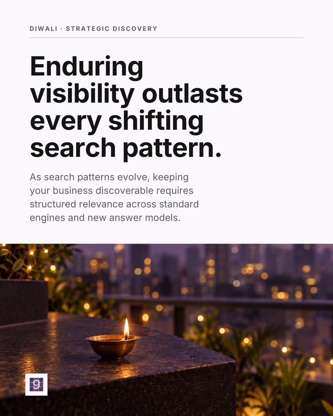 Mosaic9 post: “Enduring visibility outlasts every shifting search pattern.” A lit diya on a balcony ledge over the city at dusk, for Diwali.